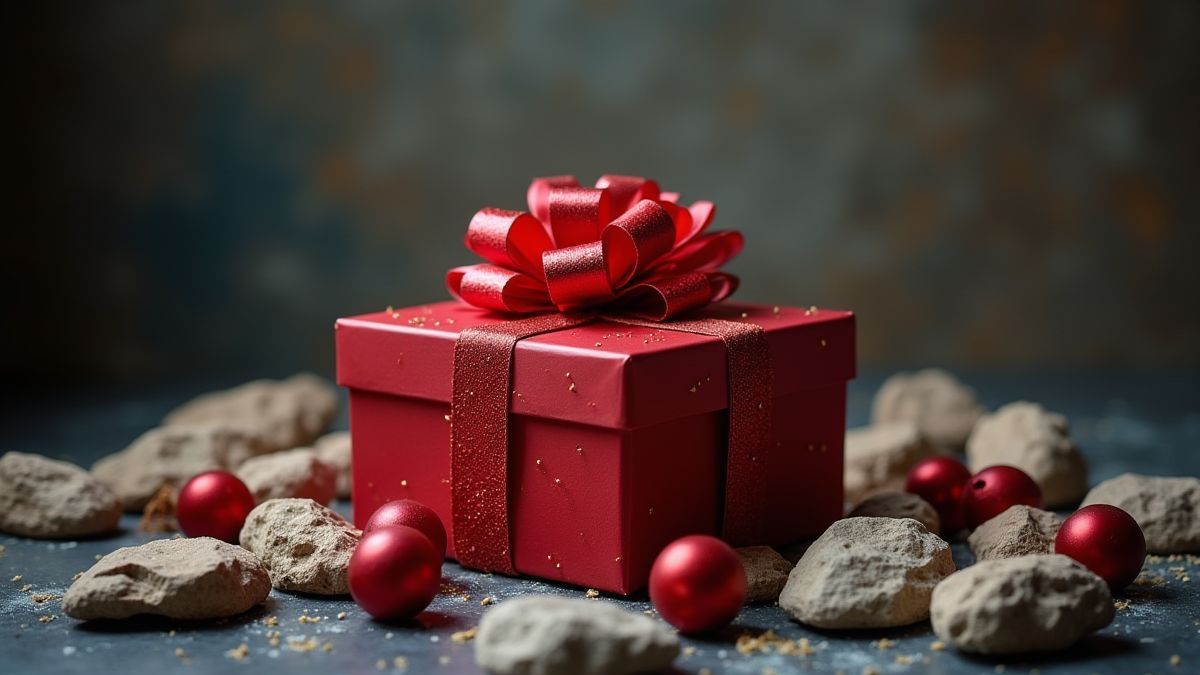 Kerstcadeaubox op een rockpodium.