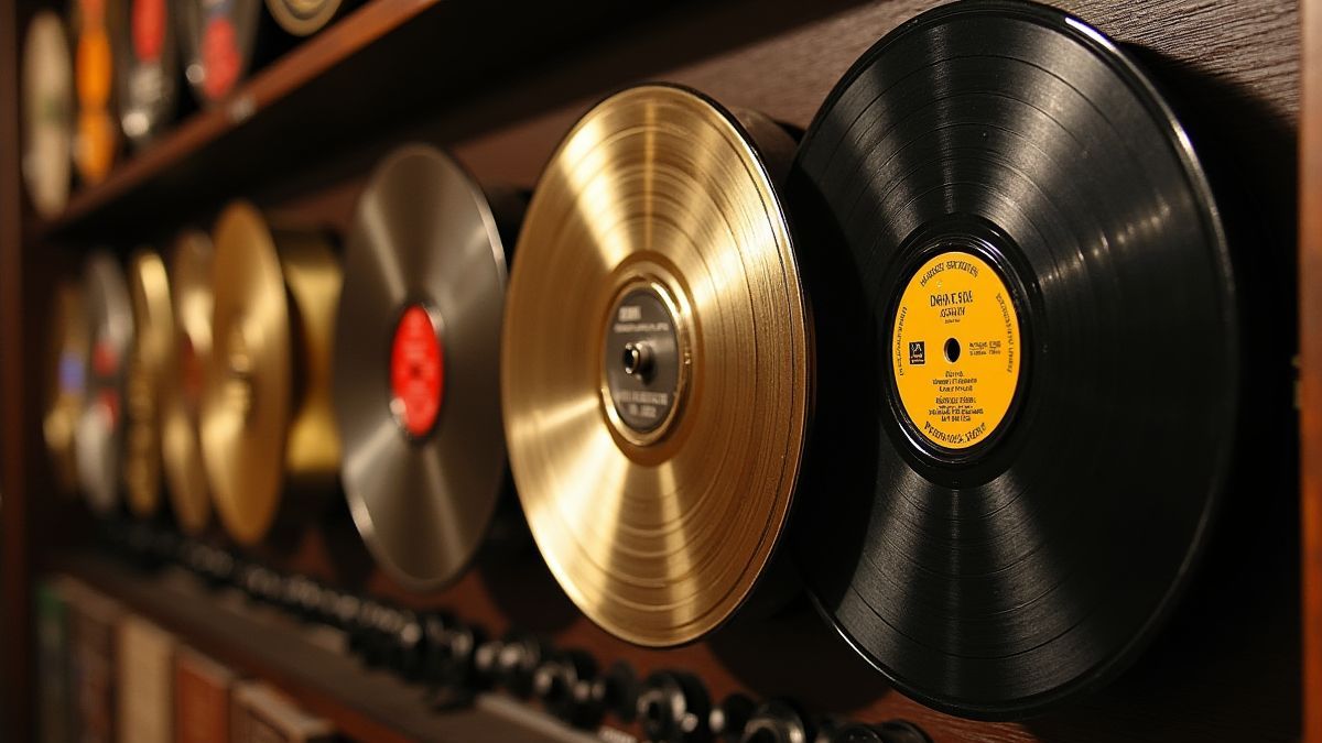 Disques d'or et platine en exposition.
