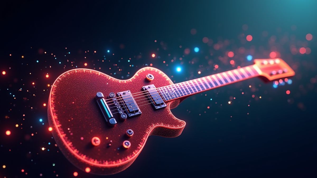 Guitare virtuelle avec notes musicales.