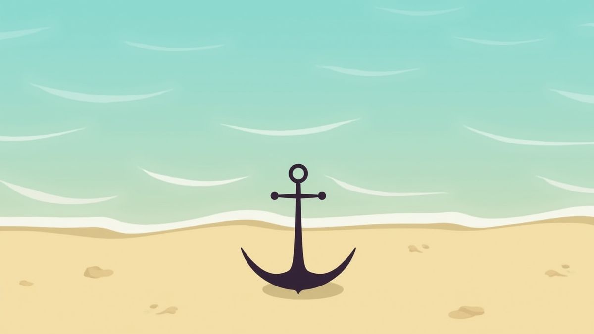 Eine animierte Bild eines Ankers an einem Strand mit Wellen im Hintergrund.