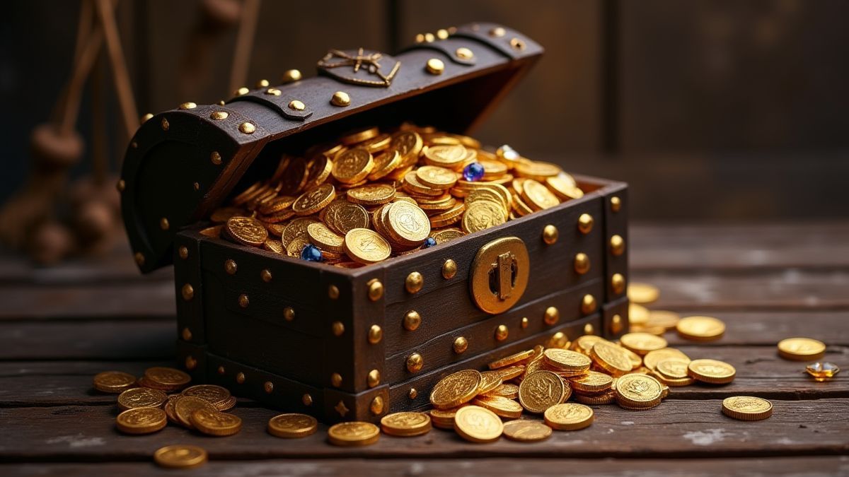 Eine Schatztruhe, die überquillt mit Goldmünzen und Juwelen auf einem Holztisch.