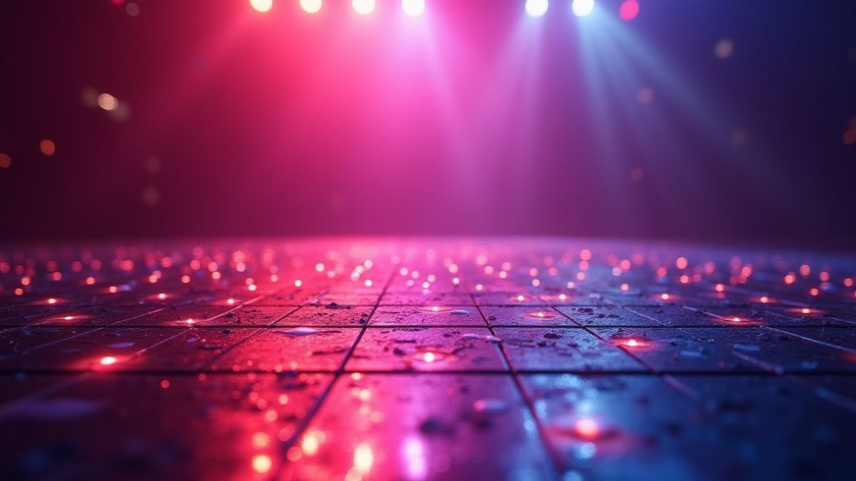 Disco lights illuminating a dance floor.