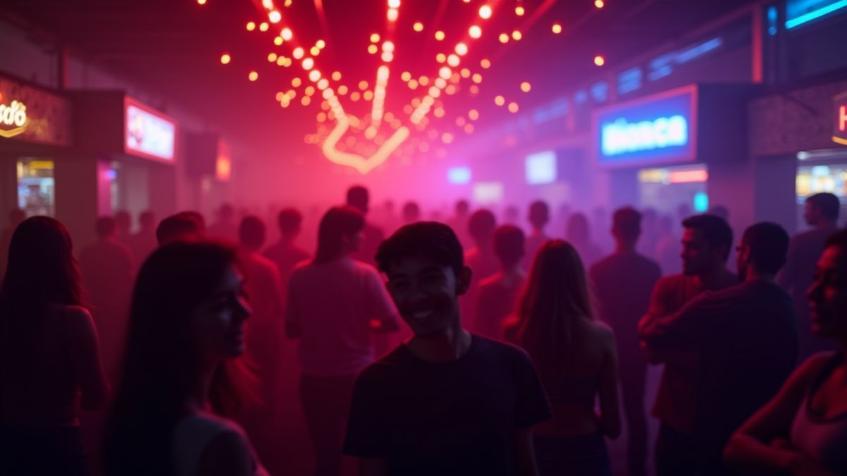 Bar filled with happy people and vibrant neon lights.