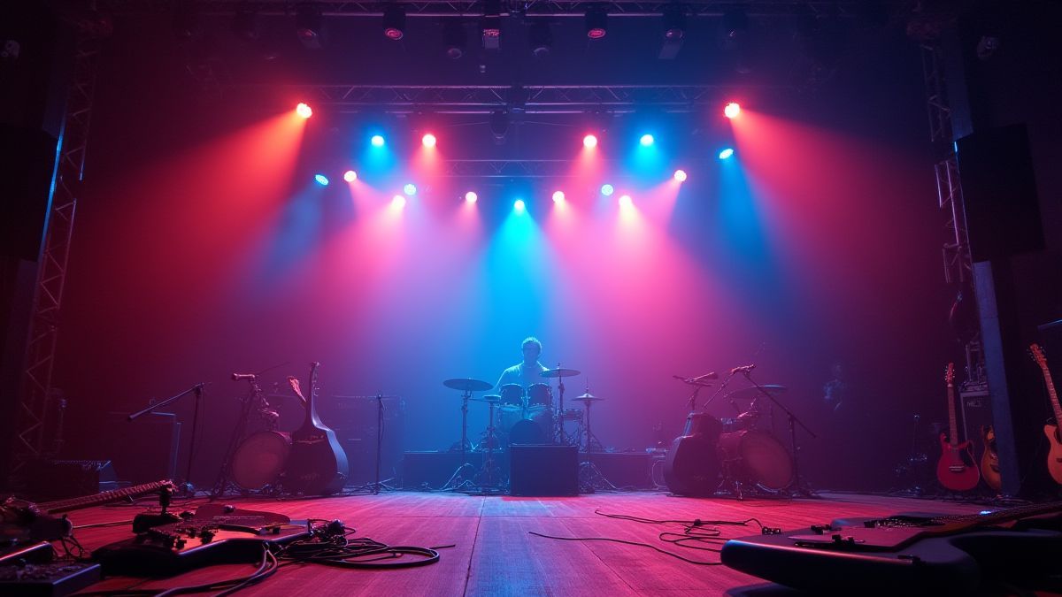 Un escenario de concierto iluminado con instrumentos musicales.