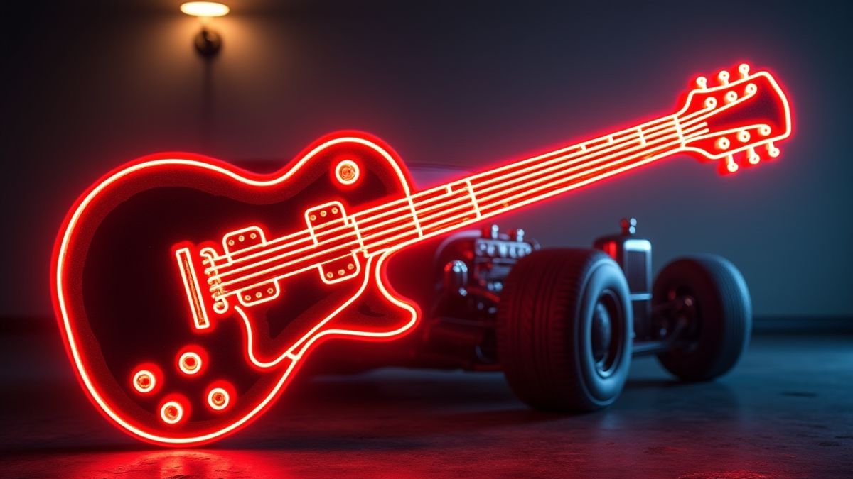 Neon-Design mit Gitarre und klassischem Auto.