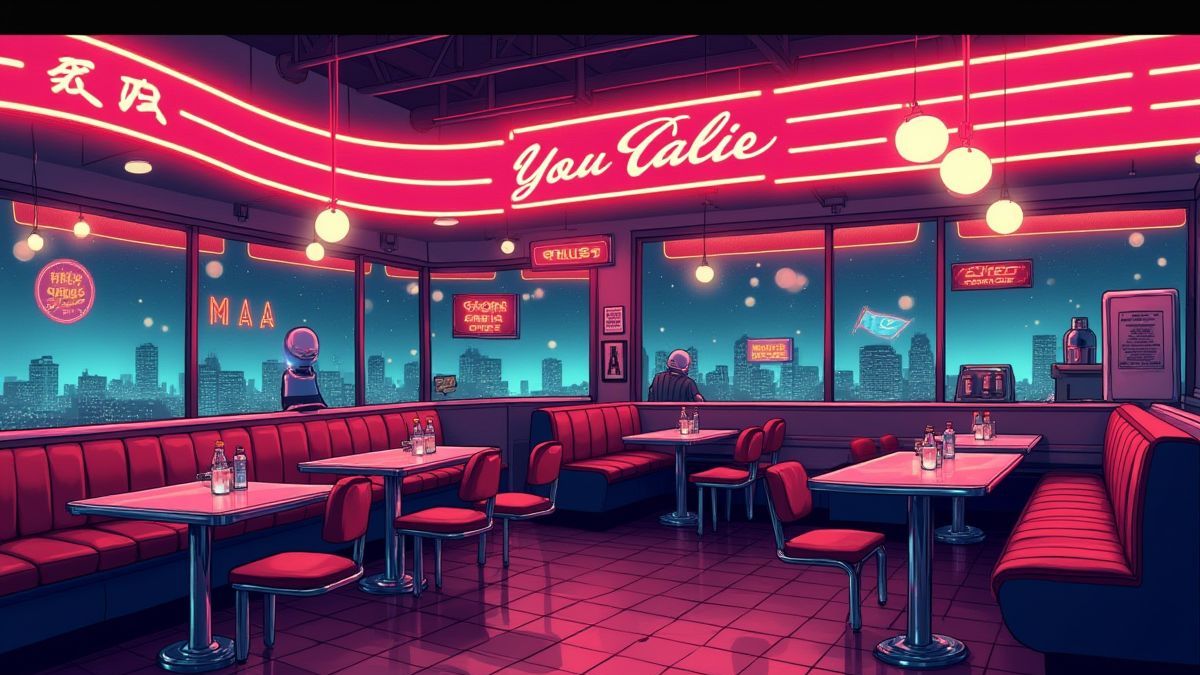Retro-Diner mit Neonlichtern und klassischer Dekoration.