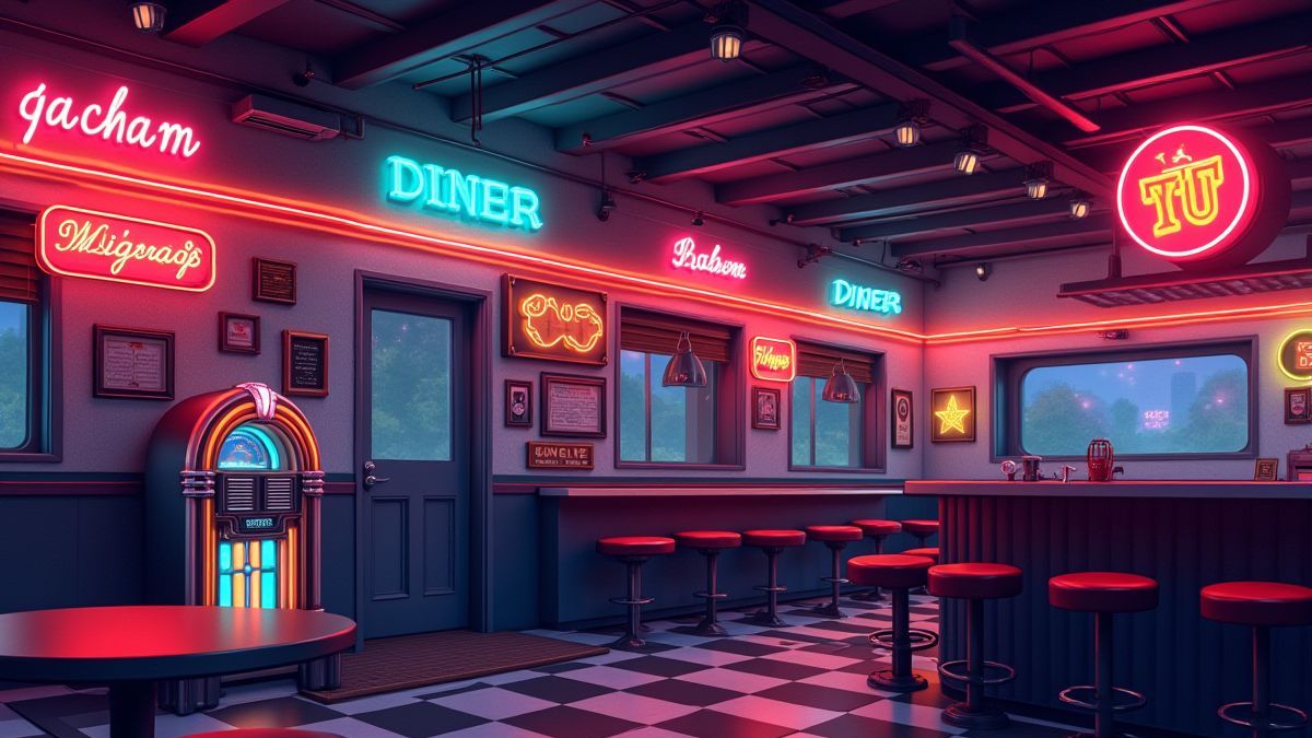 Decoração de um diner retrô com luzes de néon e jukebox.