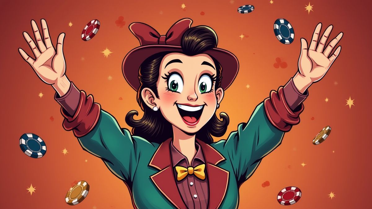 Personagem rockabilly celebrando com fichas de cassino.