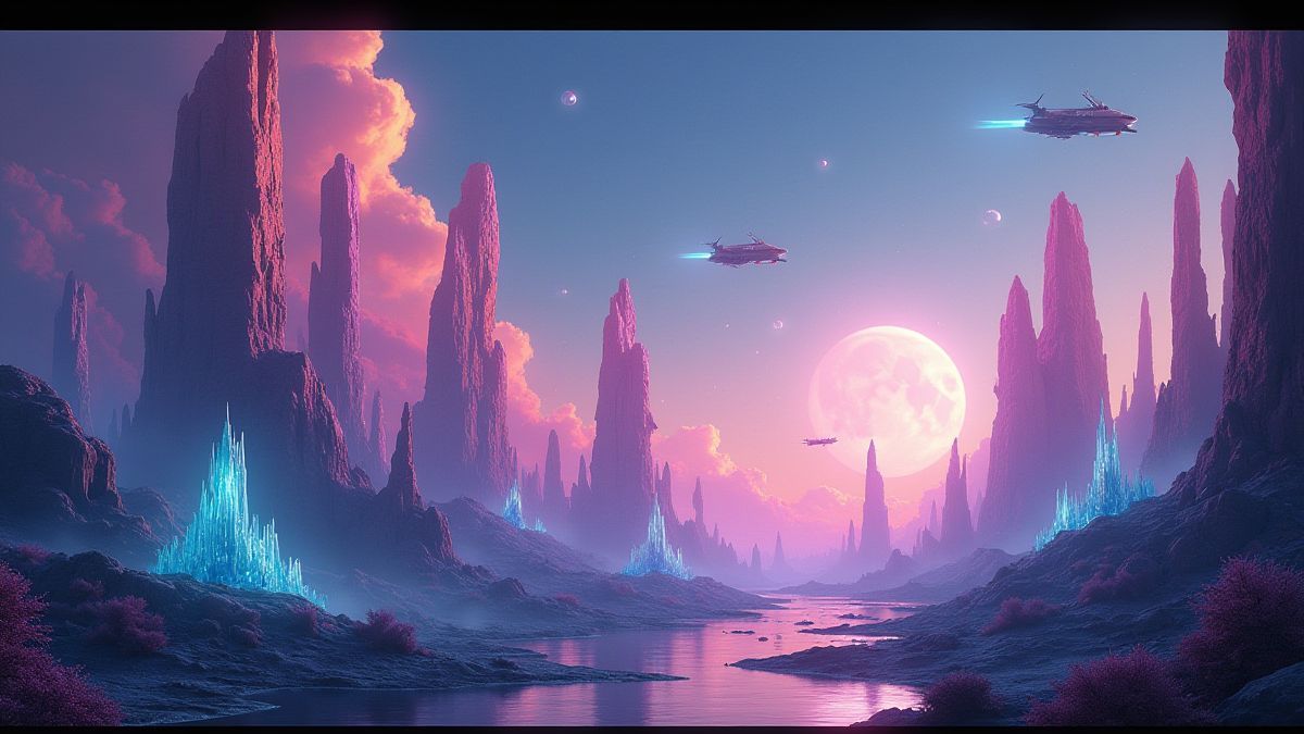 Alien world with glowing crystals and floating spaceships.