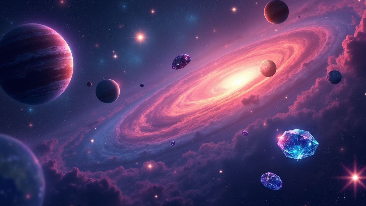 Colorful galaxy with stars, planets, and gems floating in space.