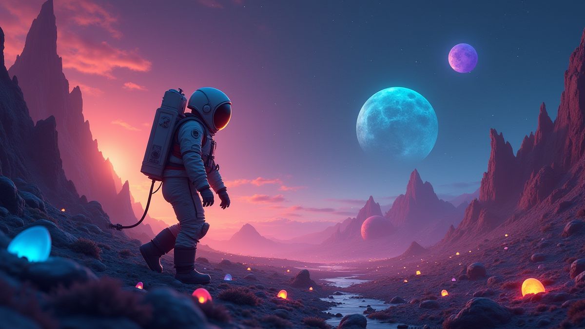 Astronaut exploring an alien landscape with glowing creatures and gems.