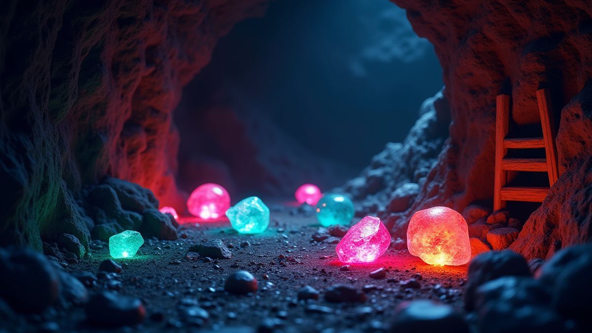 Gemas brillantes en una mina subterránea.