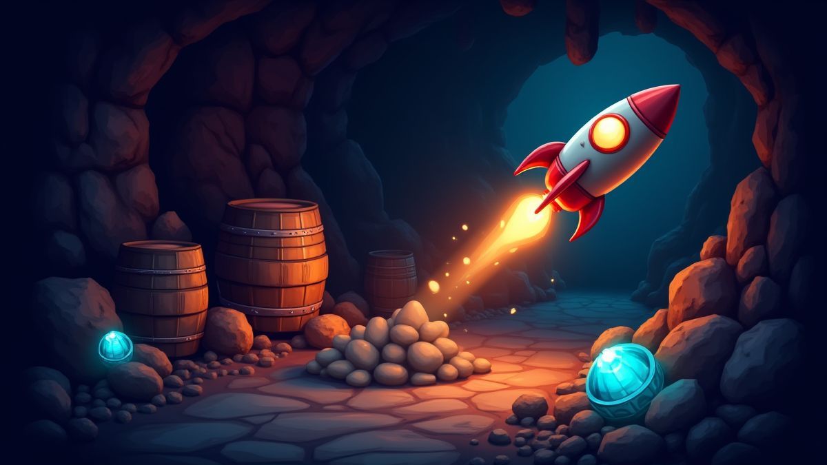 Un cohete volando en una mina oscura con barriles y gemas iluminadas.