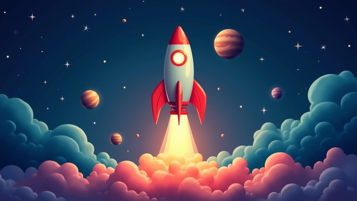 Une fusée colorée décollant vers l'espace, entourée d'étoiles et de planètes.