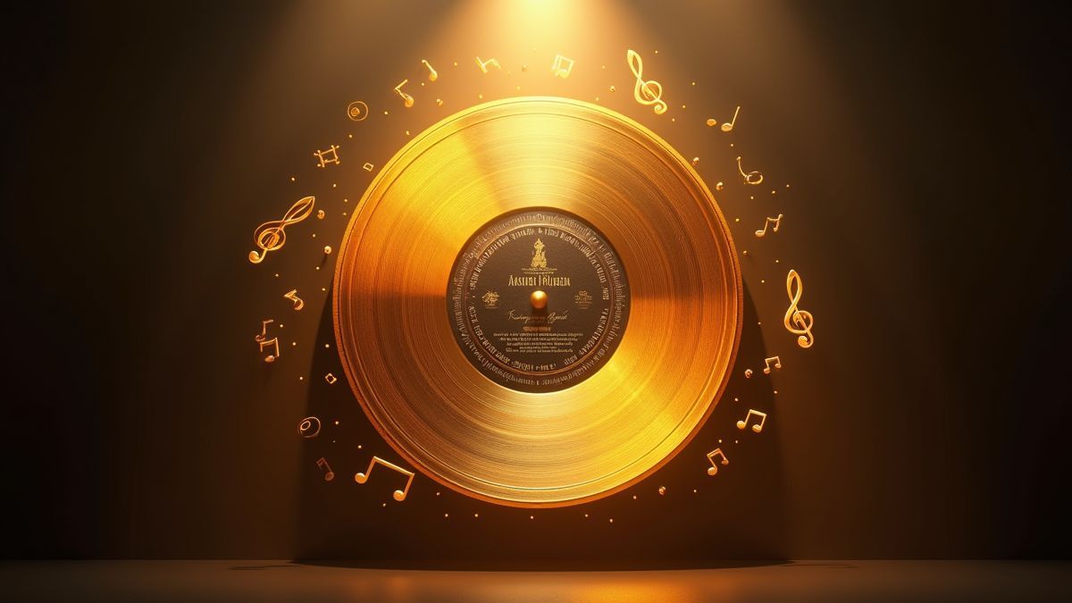 Een gouden plaat omringd door muzikale noten en een lichtspot.