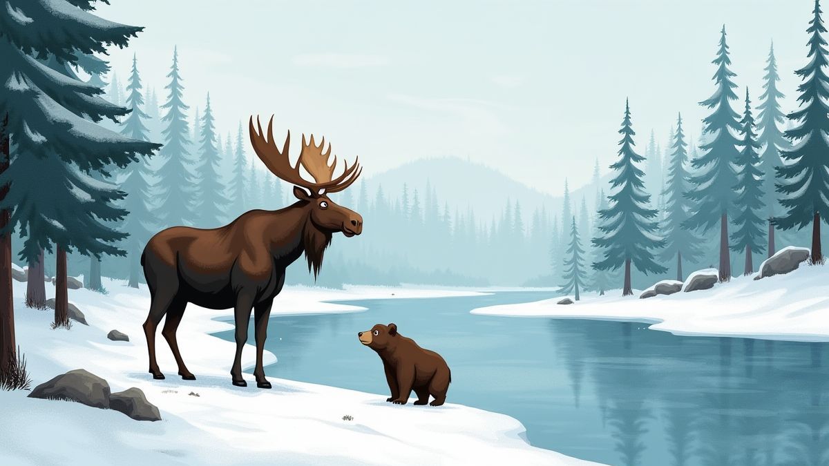Un alce y un oso junto a un río nevado rodeado de pinos.