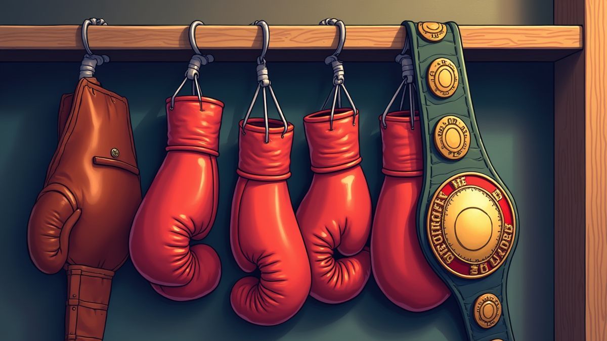 Boxhandschuhe in einem Umkleideraum neben einem Meisterschaftsgürtel.