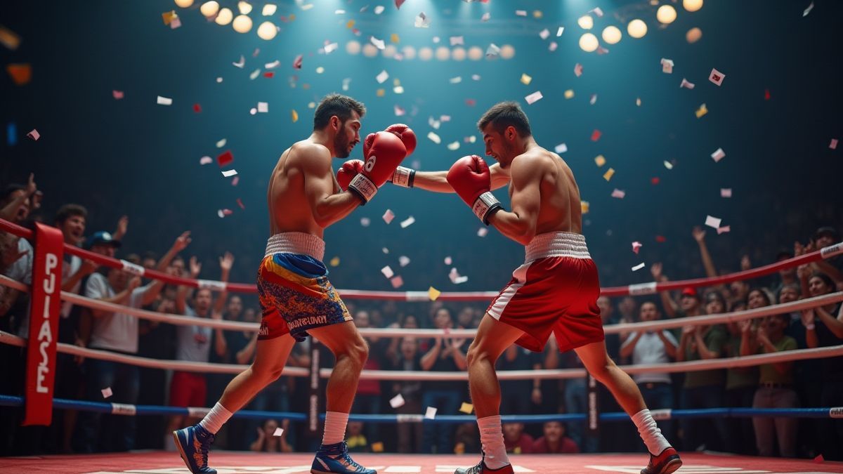 Boxkampf mit einer jubelnden Menge und Konfetti in der Luft.