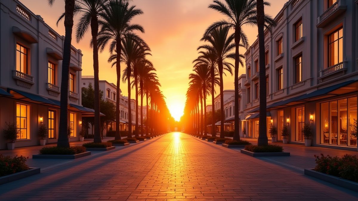 Vista al atardecer de una calle de lujo con palmeras y escaparates elegantes.