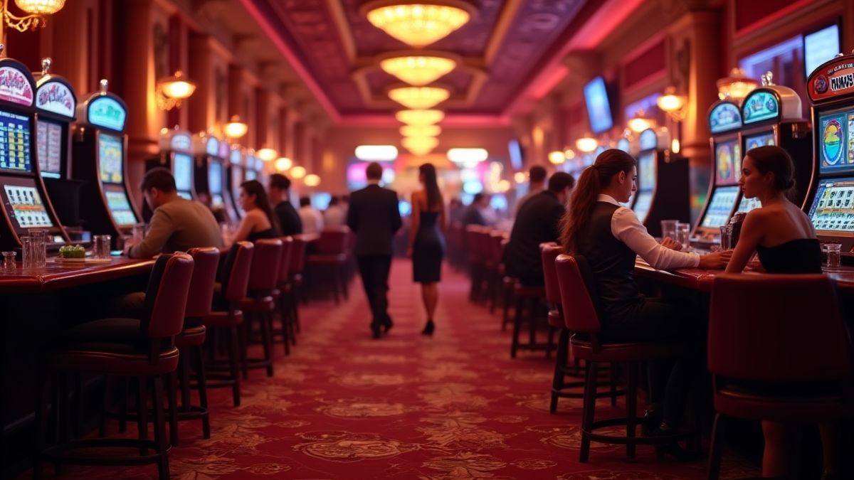 Entorno glamuroso de casino con jugadores vestidos con elegancia.