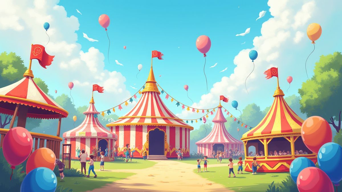 Een levendig carnaval met attracties en kleurrijke ballonnen.