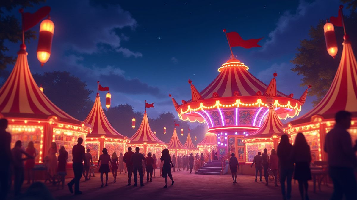 Een nachtelijk carnaval vol lichten en feestelijke decoraties.