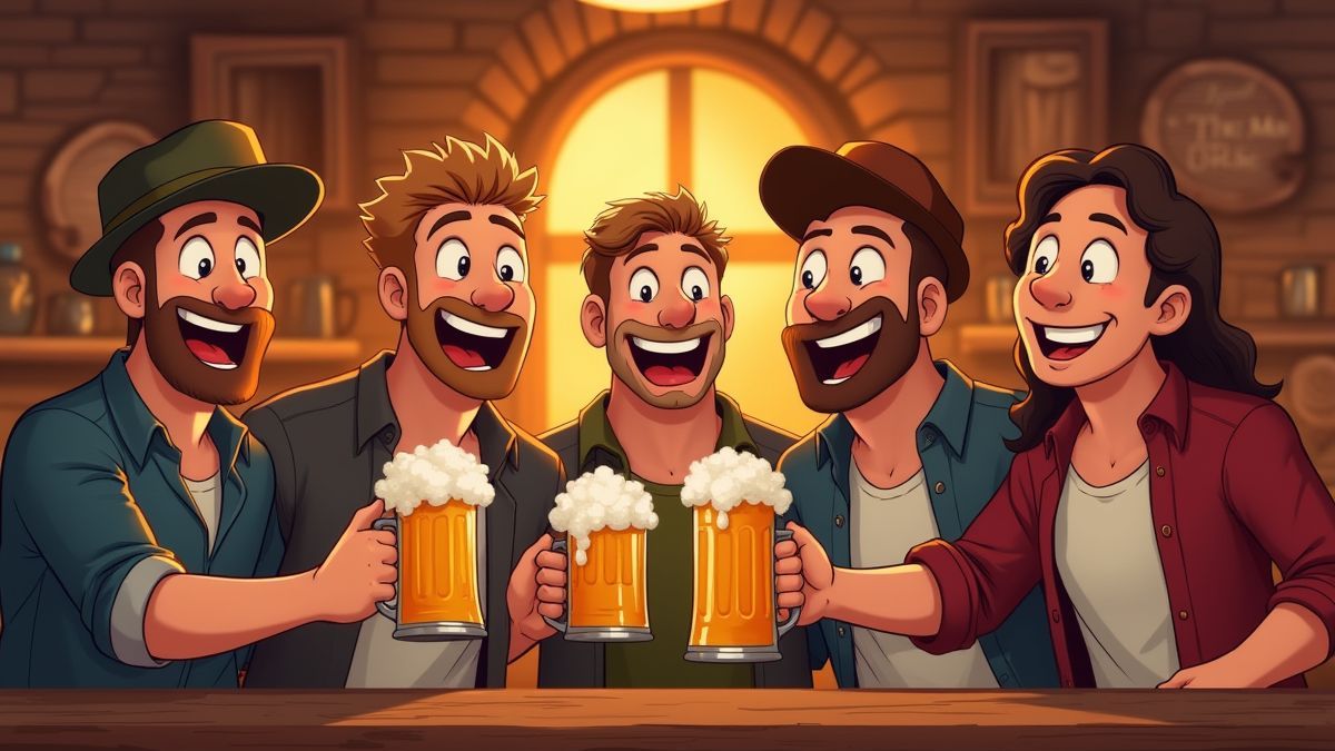 Personas celebrando con cerveza en una taberna rústica.