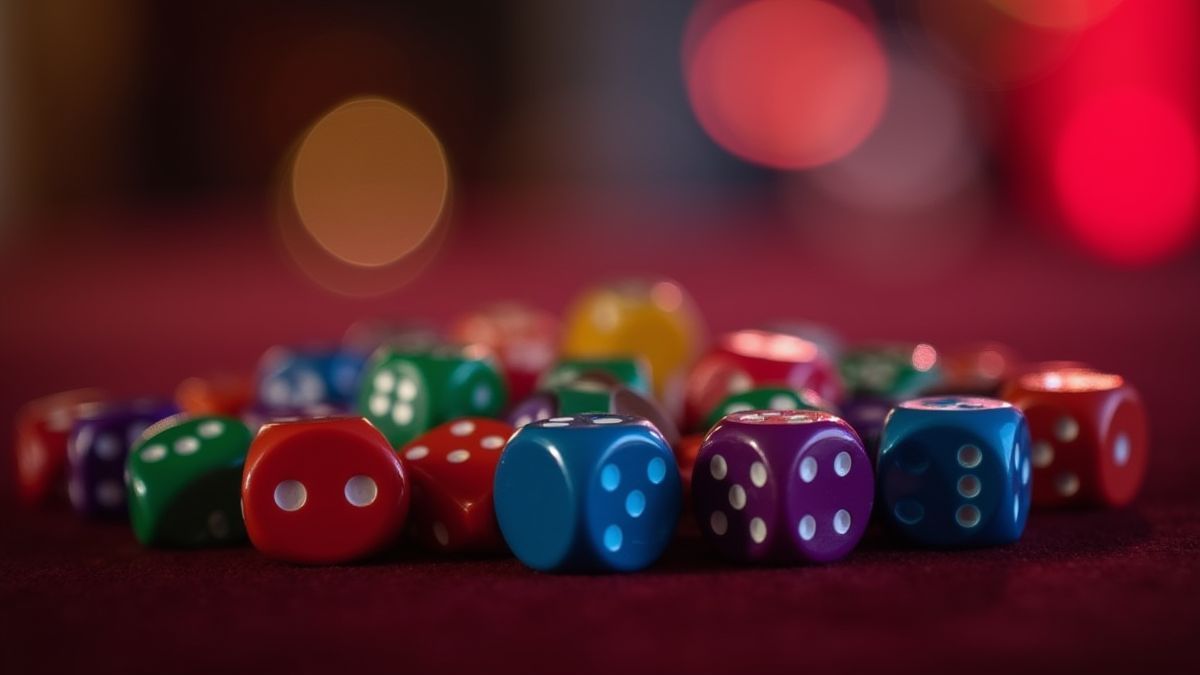 Dados coloridos sobre una mesa de terciopelo con iluminación ambiental.