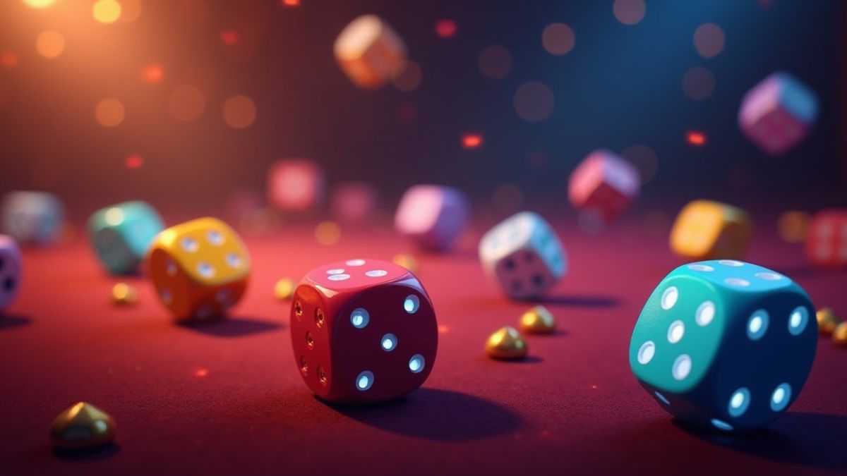 Un escenario de casino animado con luces brillantes y dados coloridos rodando.