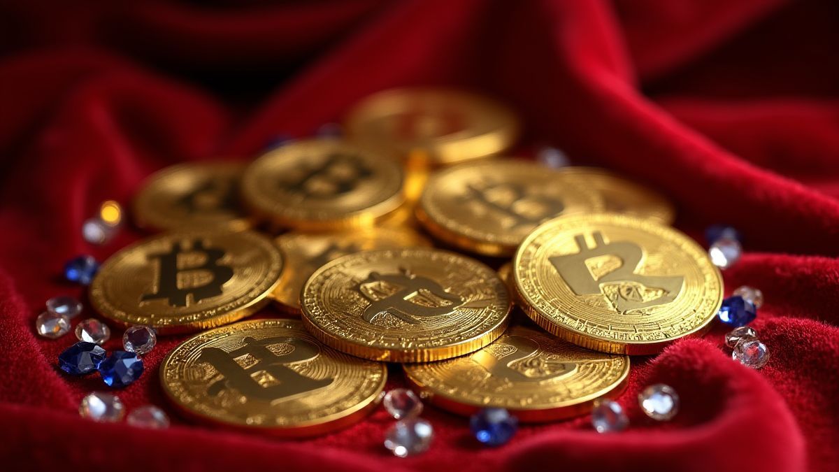 Monedas doradas y joyas brillantes sobre un paño de terciopelo.