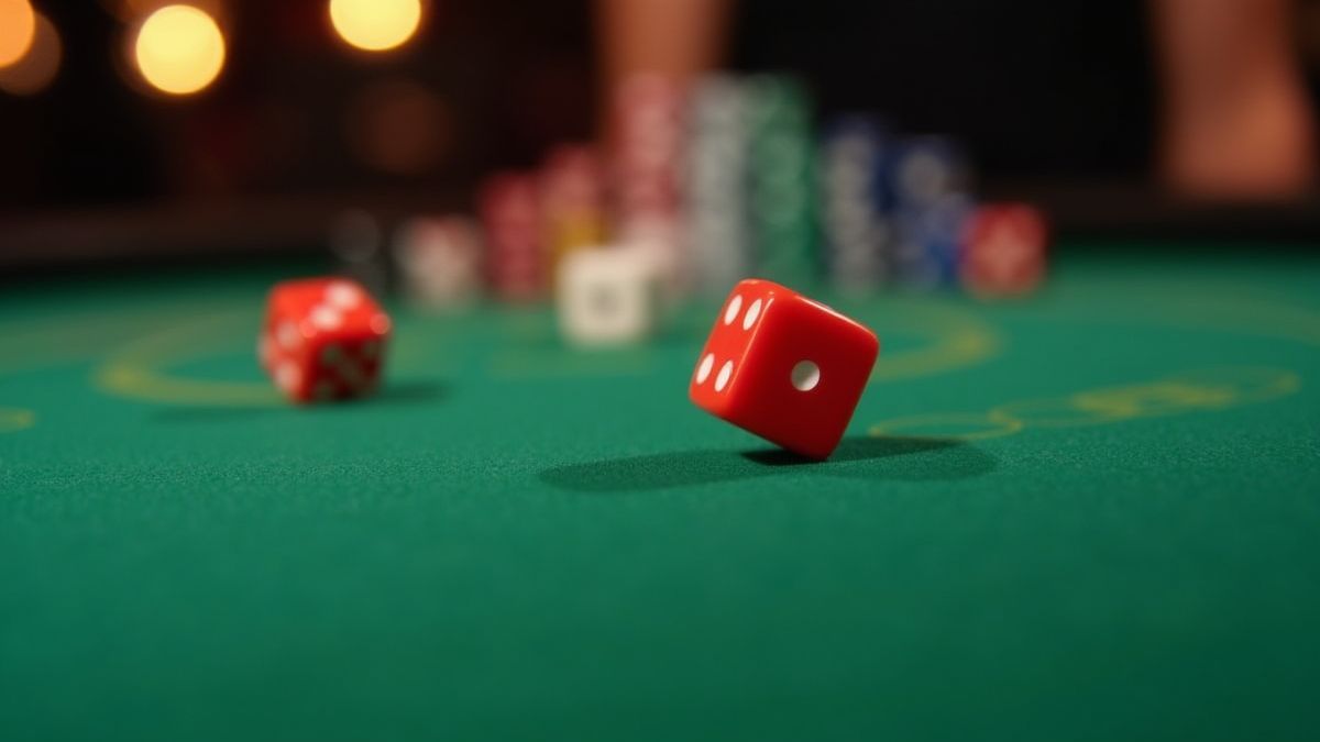 Colorful dice rolling on a green casino table.