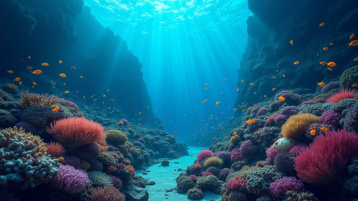 Arrecife de coral com perlas brilhantes e vida marinha colorida.