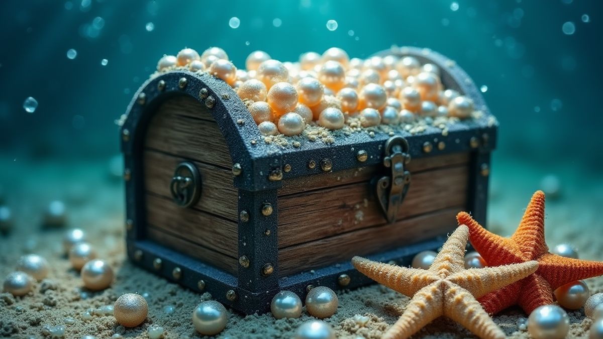 Cofre do tesouro rodeado de perlas brilhantes e estrelas do mar.