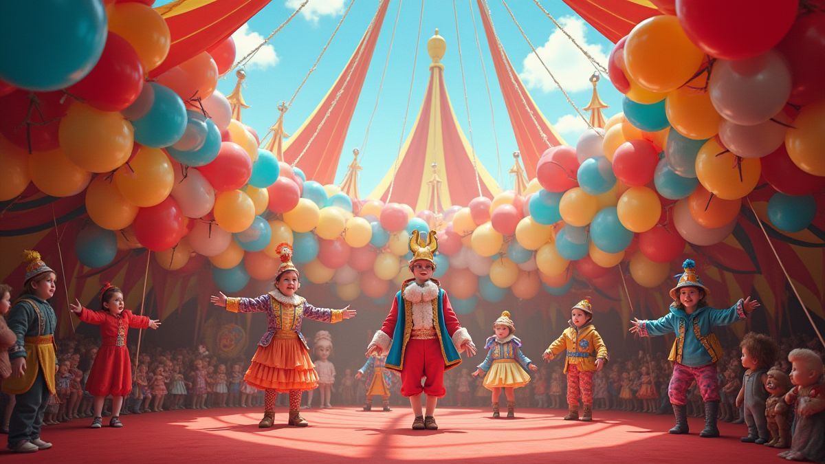 A circus tent filled with balloons and performers.