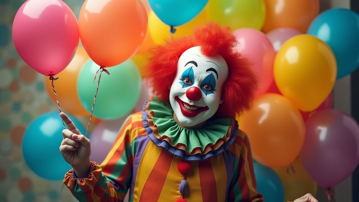 A clown holding colorful balloons, ready to pop one.