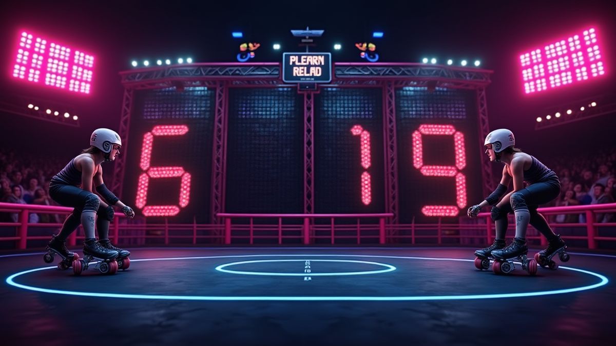 Roller Derby scoreboard dat een gelijkstand toont.