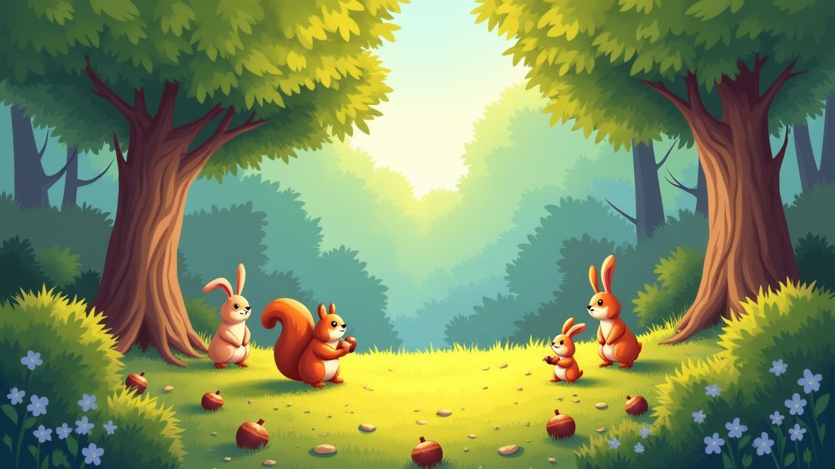 Clearing in the forest with animals and acorns.
