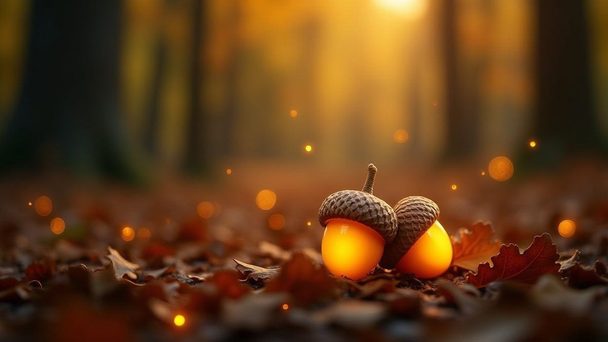 Golden acorns glowing in the forest.