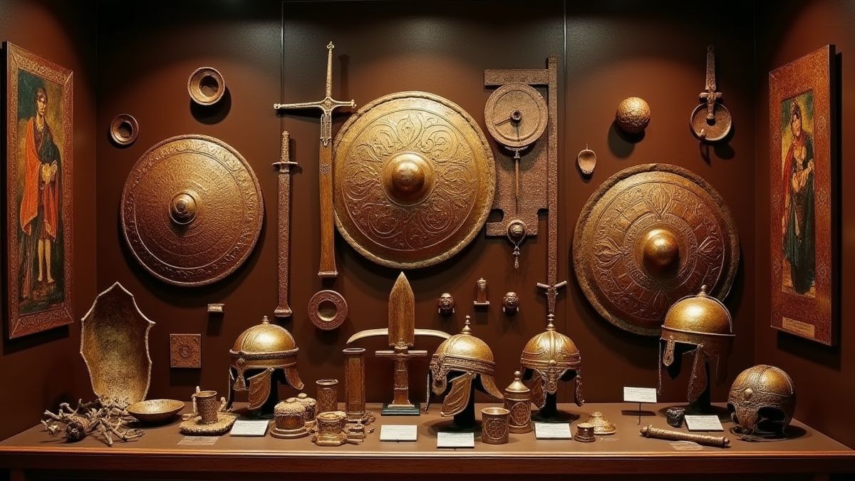 Oude Romeinse artefacten zoals schilden en zwaarden