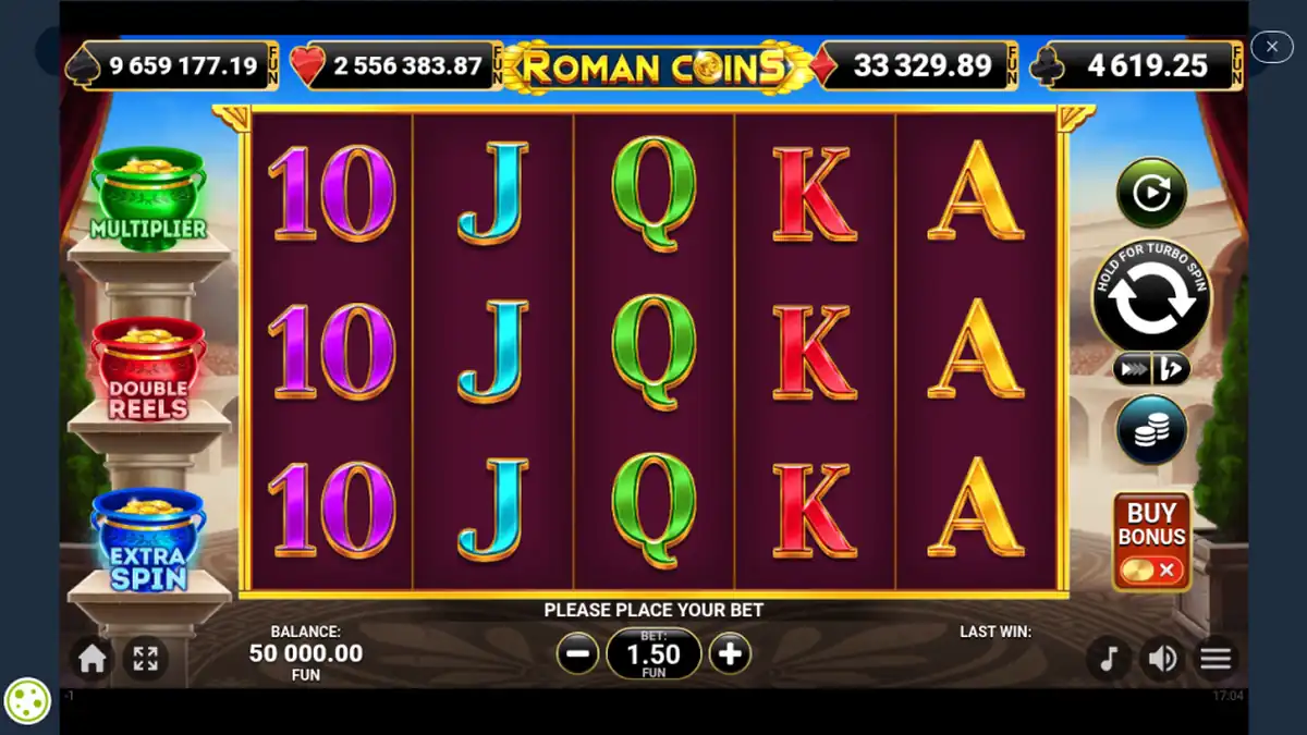 Pantalla del juego base de la tragaperras Roman Coins