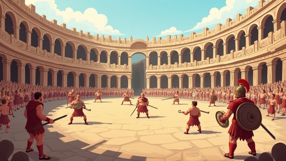 El Coliseo romano con gladiadores preparándose para el combate.