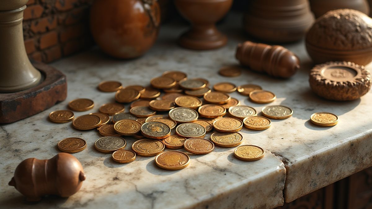 Monedas romanas sobre una mesa de mármol junto a artefactos antiguos.