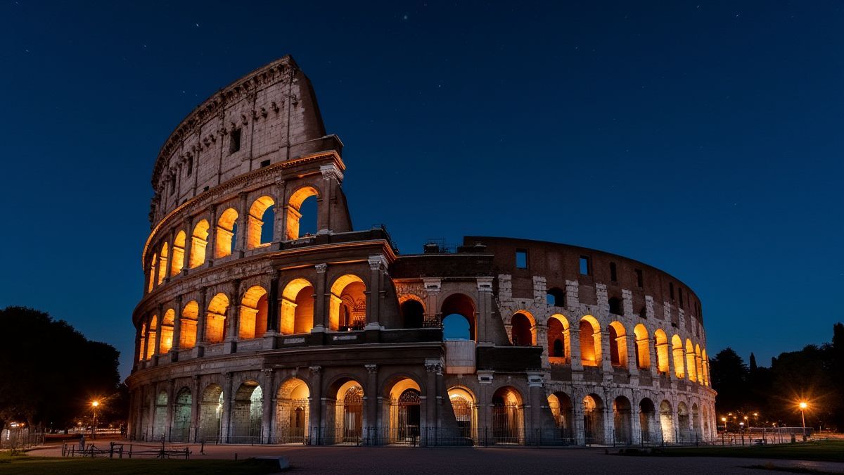 The Roman Colosseum under a starry sky.