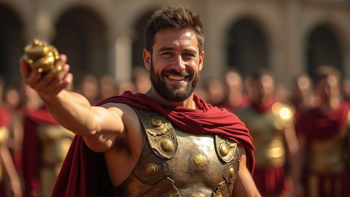 Roman gladiator holding gold coins with a confident smile.