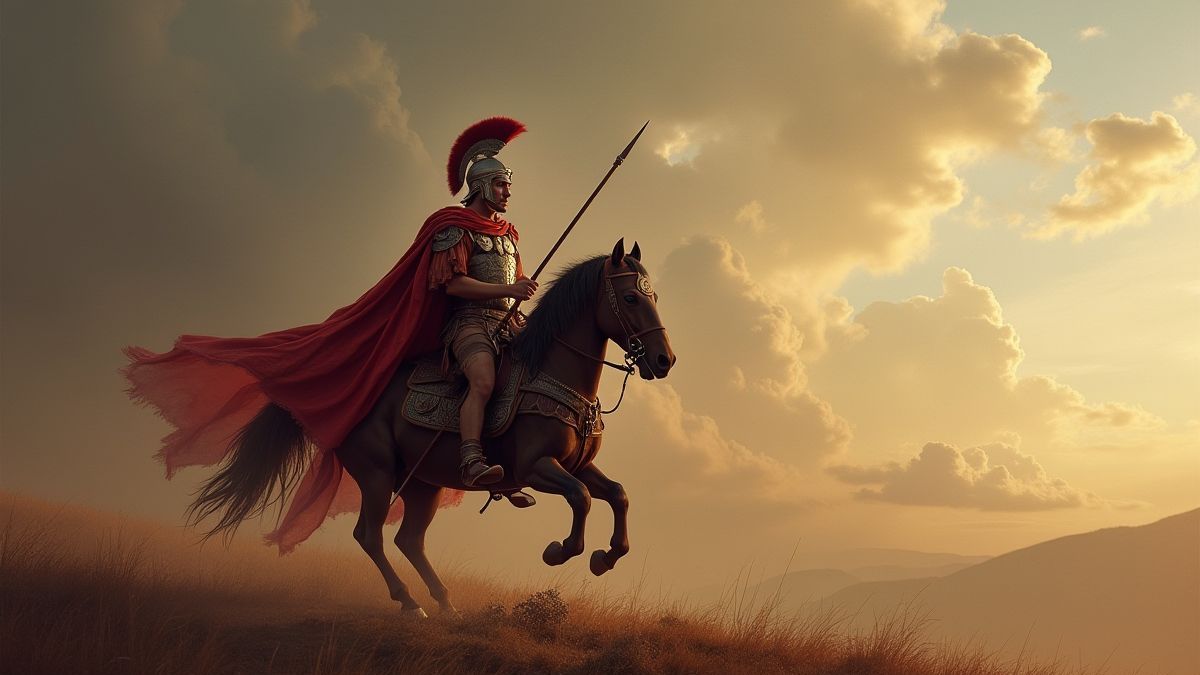 Caballero romano sosteniendo una lanza y un escudo