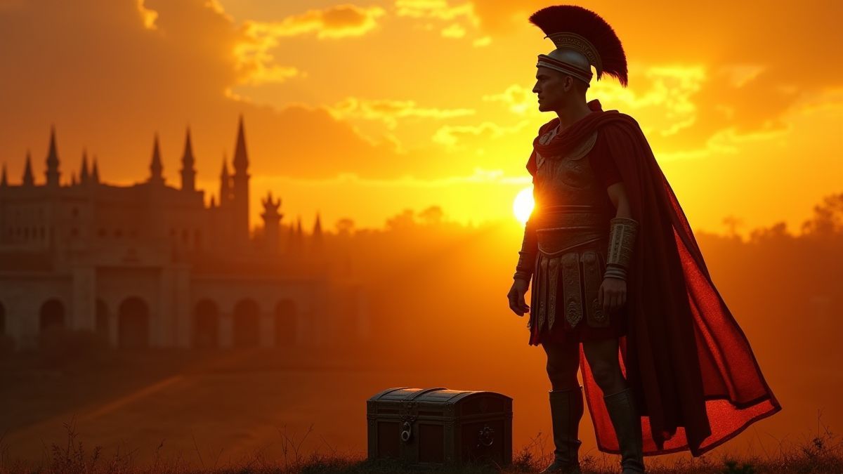 Legionario romano junto a um cofre do tesouro sob um pôr do sol dourado.