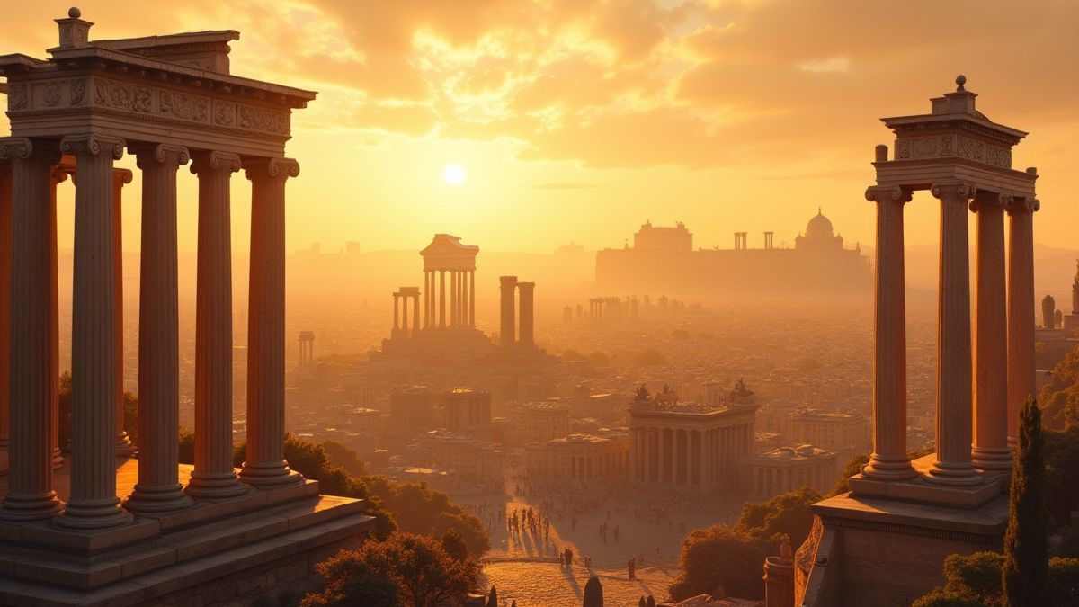 Paisagem de uma cidade romana com colunas e templos sob um céu dourado.