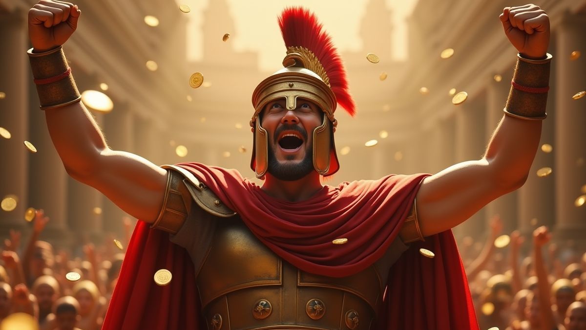 Soldado romano vitorioso celebrando com moedas douradas caindo.