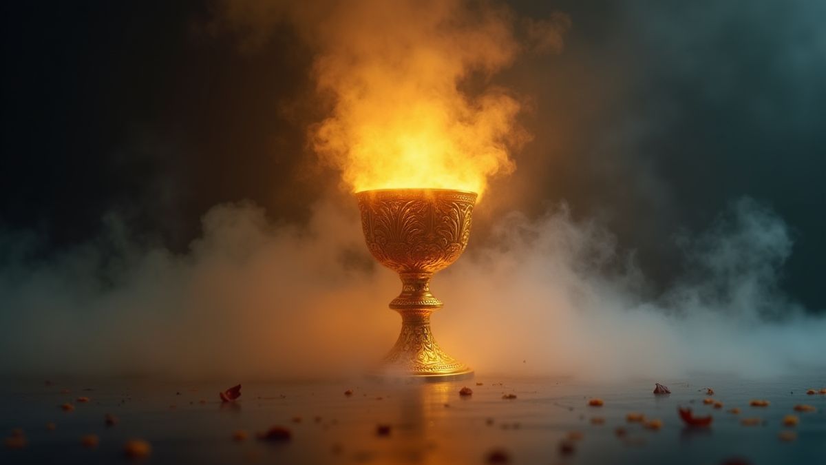 Una copa dorada rodeada de niebla mística.