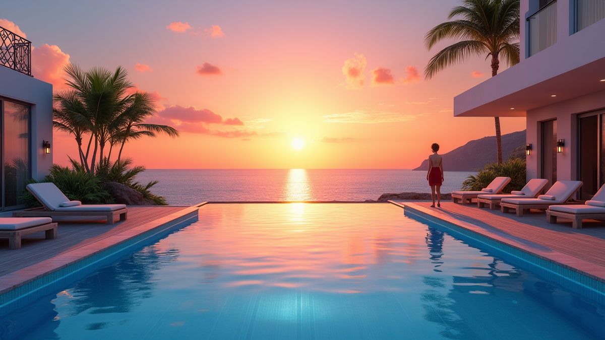 Luxe resort met zwembad met uitzicht op de oceaan bij zonsondergang.